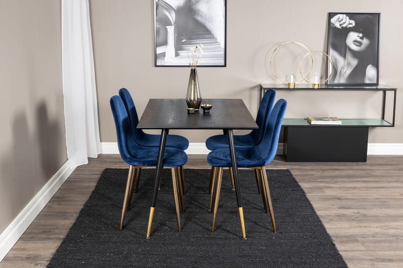 Balisa spisesæt 120 cm inkl. 4 Valeri-velourstole - Sort/Blå/Messing - Møbler - Borde - Spisebordssæt