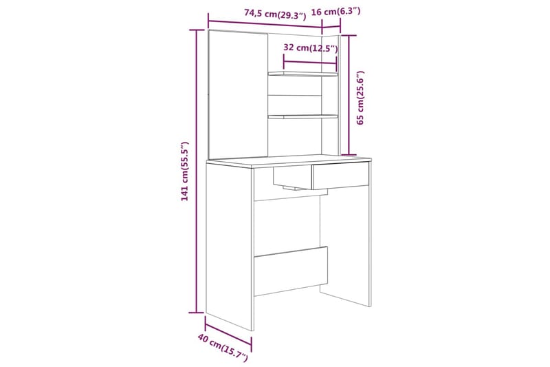 beBasic konsolbordsæt 74,5x40x141 cm hvid højglans - Hvid - Sminkebord & konsolbord