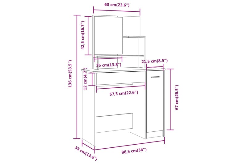 beBasic konsolbordsæt 86,5x35x136 cm røget egetræsfinish - Brun - Sminkebord & konsolbord