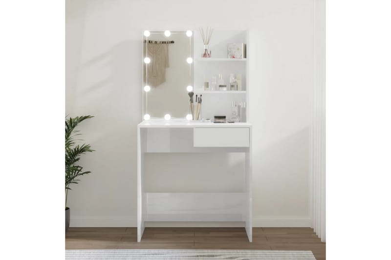 beBasic makeupbord med LED-lys 74,5x40x141 cm hvid højglans - Hvid - Sminkebord & konsolbord