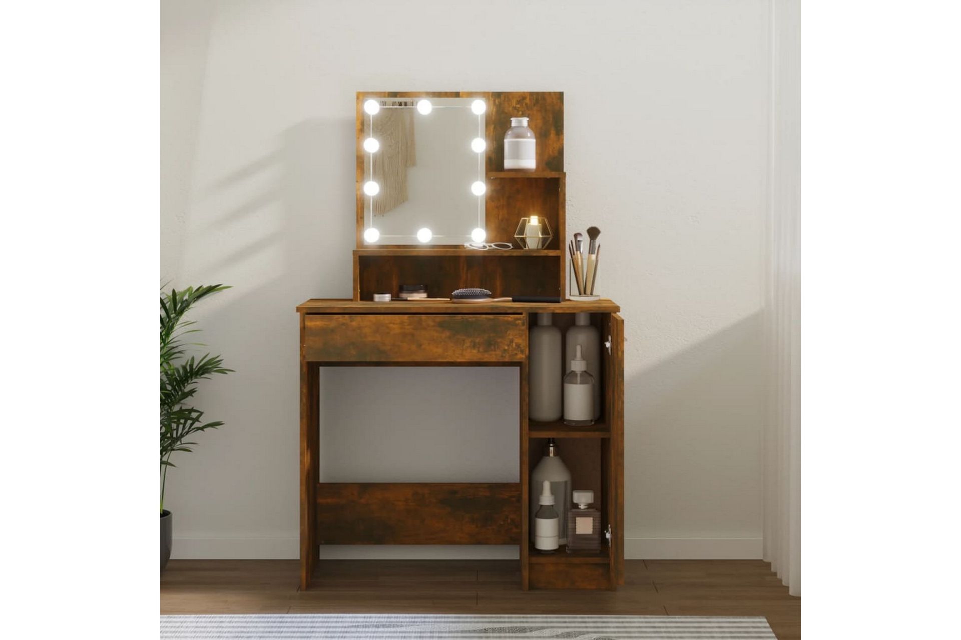 beBasic makeupbord med LED-lys 86,5x35x136 cm røget egetræsfarve - Brun - Møbler - Borde - Sminkebord & konsolbord
