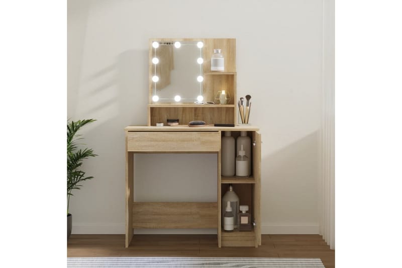 beBasic makeupbord med LED-lys 86,5x35x136 cm sonoma-eg - Brun - Møbler - Borde - Sminkebord & konsolbord