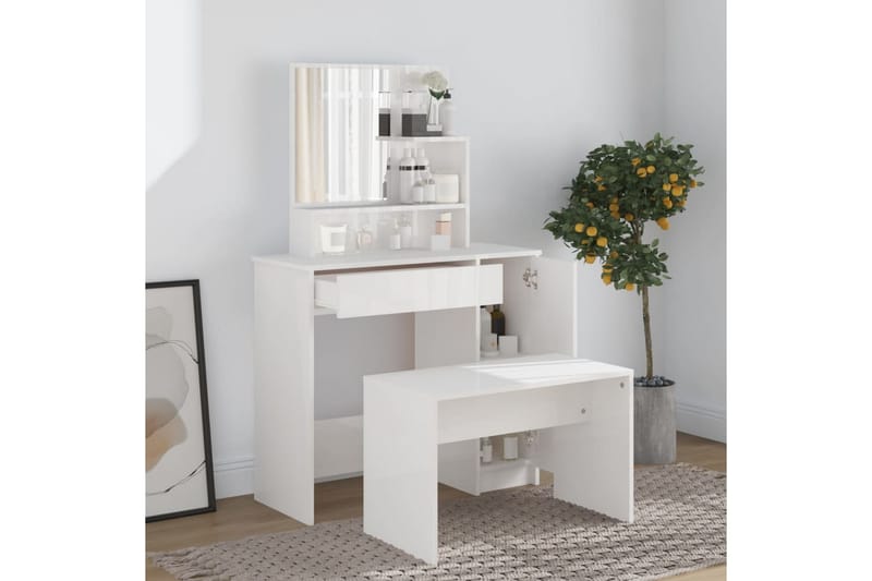 beBasic makeupbord med spejl 86,5x35x136 cm hvid højglans - Hvid - Sminkebord & konsolbord