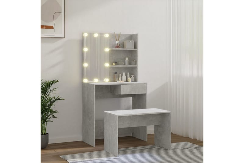 beBasic makeupbordssæt med LED-lys konstrueret træ betongrå - GrÃ¥ - Møbler - Borde - Sminkebord & konsolbord