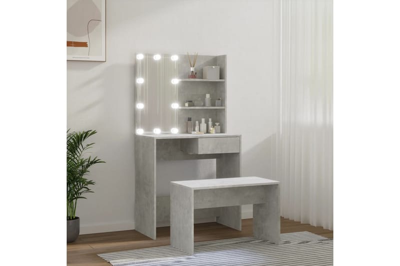 beBasic makeupbordssæt med LED-lys konstrueret træ betongrå - GrÃ¥ - Møbler - Borde - Sminkebord & konsolbord