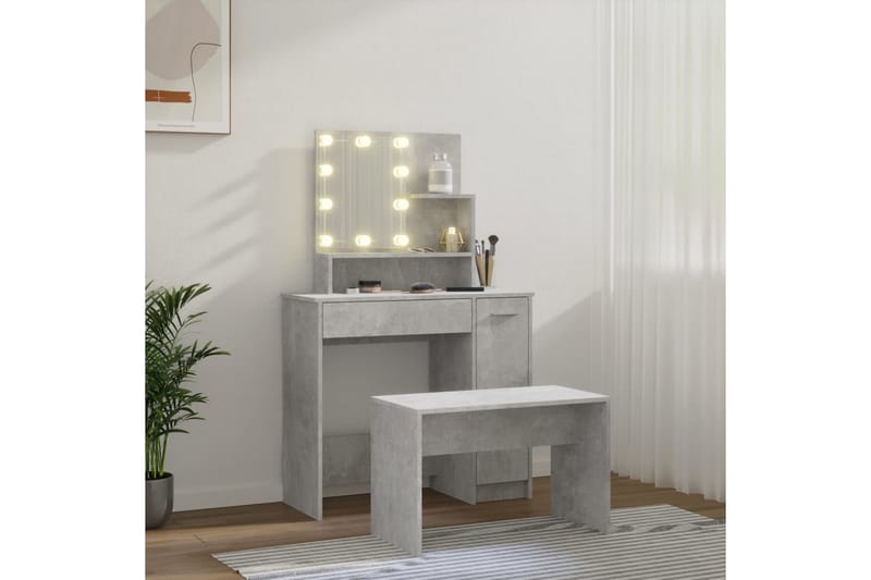 beBasic makeupbordssæt med LED-lys konstrueret træ betongrå - GrÃ¥ - Møbler - Borde - Sminkebord & konsolbord