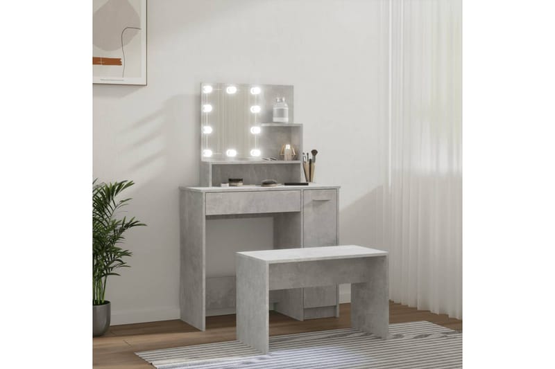 beBasic makeupbordssæt med LED-lys konstrueret træ betongrå - GrÃ¥ - Møbler - Borde - Sminkebord & konsolbord