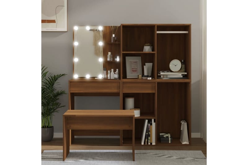 beBasic makeupbordssæt med LED-lys konstrueret træ brun egetræsfarve - Brun - Møbler - Borde - Sminkebord & konsolbord
