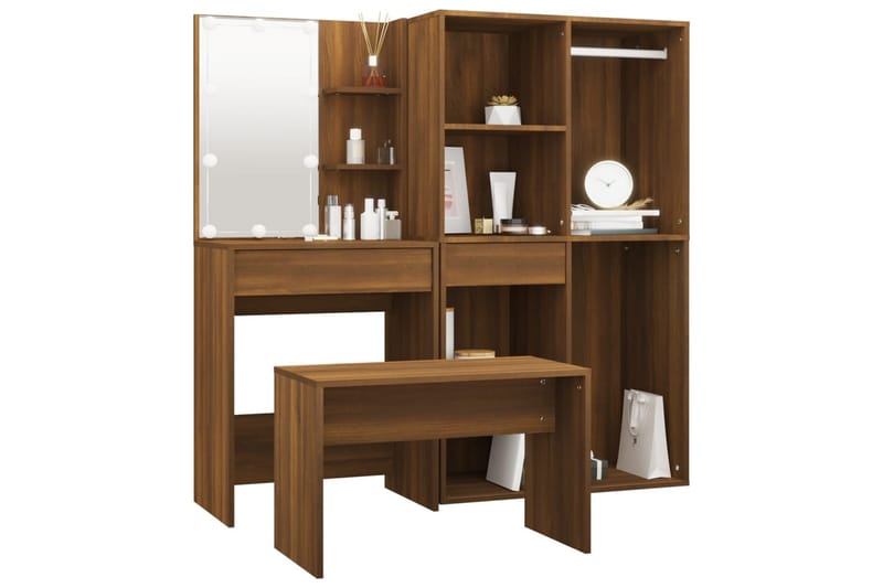beBasic makeupbordssæt med LED-lys konstrueret træ brun egetræsfarve - Brun - Møbler - Borde - Sminkebord & konsolbord