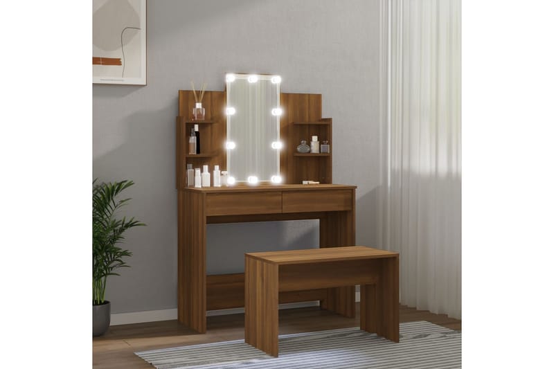 beBasic makeupbordssæt med LED-lys konstrueret træ brun egetræsfarve - Brun - Sminkebord & konsolbord