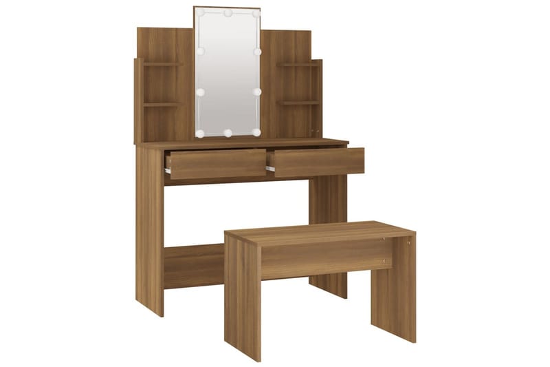 beBasic makeupbordssæt med LED-lys konstrueret træ brun egetræsfarve - Brun - Sminkebord & konsolbord