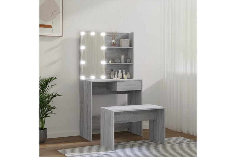 beBasic makeupbordssæt med LED-lys konstrueret træ gr�å sonoma-eg - GrÃ¥ - Sminkebord & konsolbord