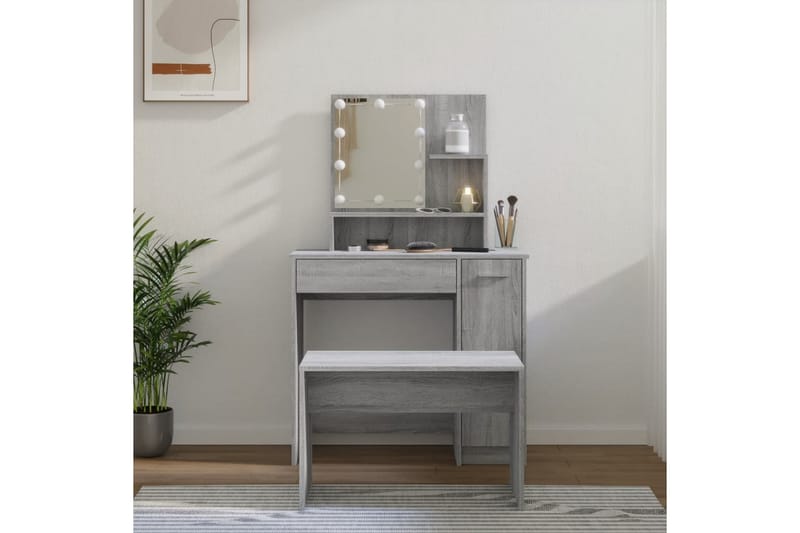 beBasic makeupbordssæt med LED-lys konstrueret træ grå sonoma-eg - GrÃ¥ - Sminkebord & konsolbord