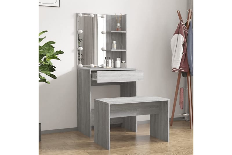 beBasic makeupbordssæt med LED-lys konstrueret træ grå sonoma-eg - GrÃ¥ - Møbler - Borde - Sminkebord & konsolbord