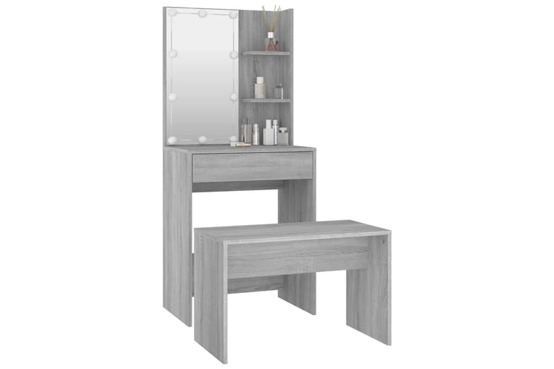 beBasic makeupbordssæt med LED-lys konstrueret træ gr�å sonoma-eg - GrÃ¥ - Sminkebord & konsolbord