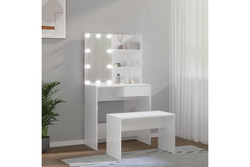 beBasic makeupbordssæt med LED-lys konstrueret træ hvid højglans - Hvid - Sminkebord & konsolbord