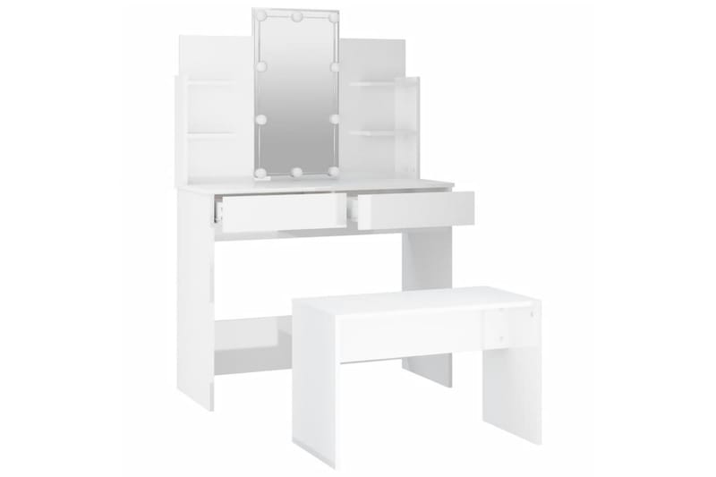 beBasic makeupbordssæt med LED-lys konstrueret træ hvid højglans - Hvid - Sminkebord & konsolbord