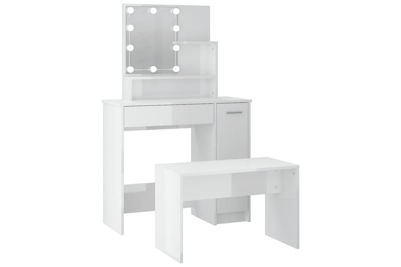 beBasic makeupbordssæt med LED-lys konstrueret træ hvid højglans - Hvid - Møbler - Borde - Sminkebord & konsolbord