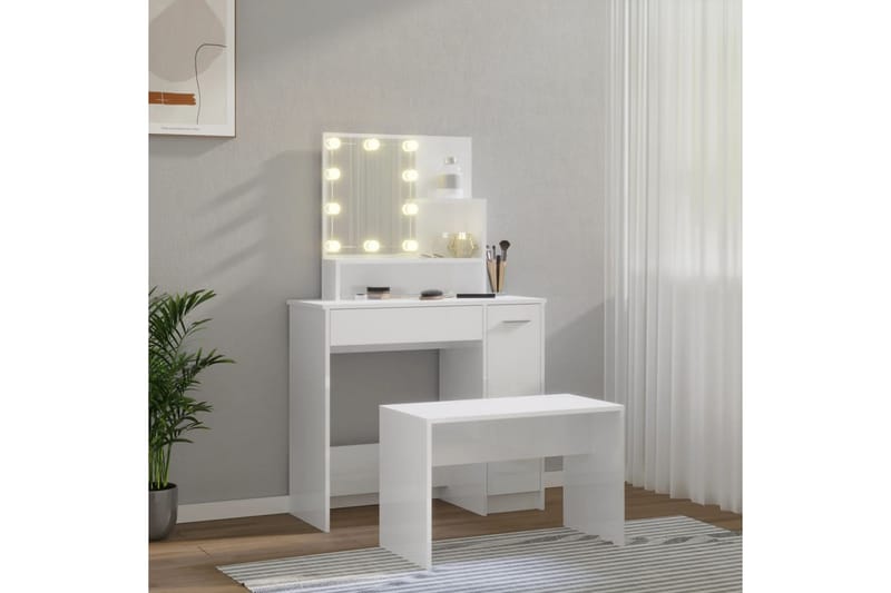 beBasic makeupbordssæt med LED-lys konstrueret træ hvid højglans - Hvid - Møbler - Borde - Sminkebord & konsolbord