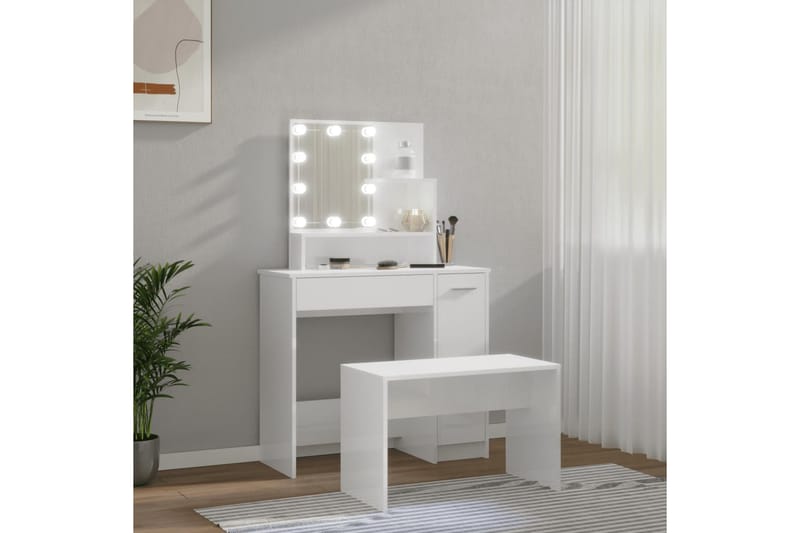 beBasic makeupbordssæt med LED-lys konstrueret træ hvid højglans - Hvid - Møbler - Borde - Sminkebord & konsolbord