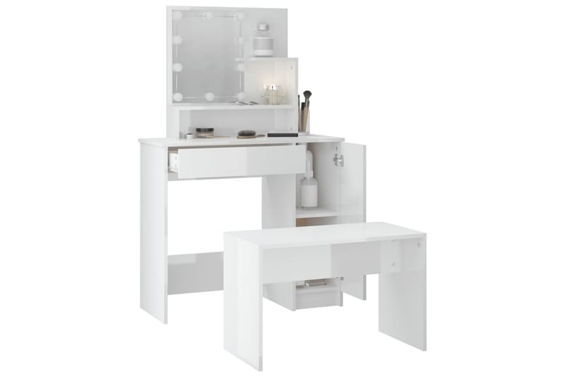 beBasic makeupbordssæt med LED-lys konstrueret træ hvid højglans - Hvid - Møbler - Borde - Sminkebord & konsolbord