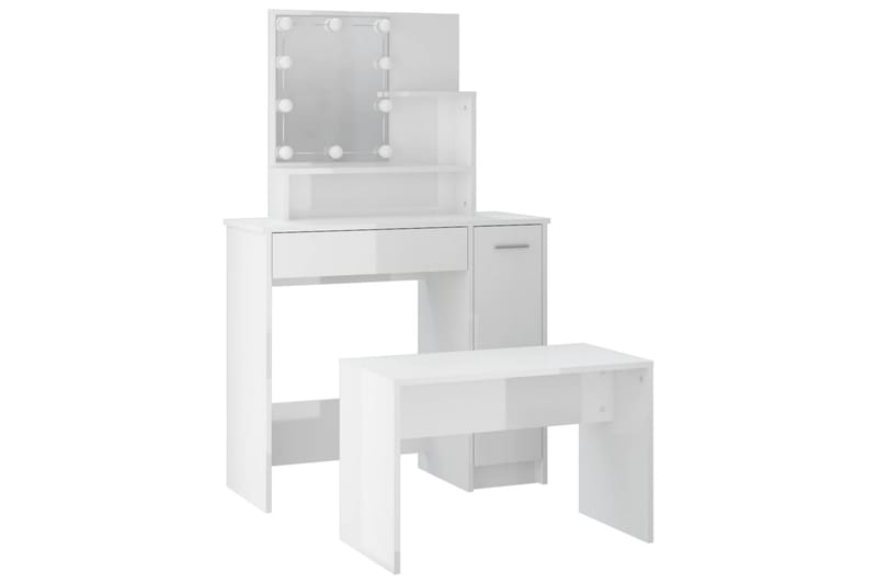 beBasic makeupbordssæt med LED-lys konstrueret træ hvid højglans - Hvid - Møbler - Borde - Sminkebord & konsolbord