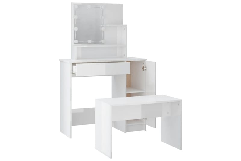 beBasic makeupbordssæt med LED-lys konstrueret træ hvid højglans - Hvid - Møbler - Borde - Sminkebord & konsolbord
