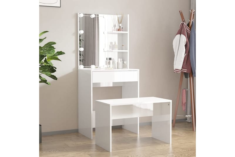 beBasic makeupbordssæt med LED-lys konstrueret træ hvid højglans - Hvid - Møbler - Borde - Sminkebord & konsolbord