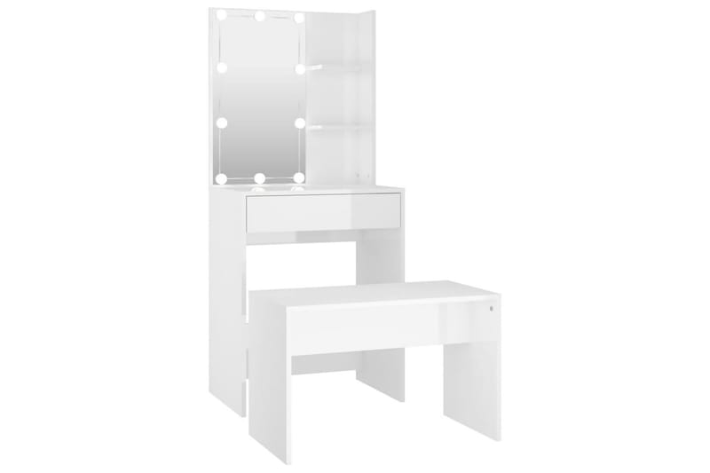 beBasic makeupbordssæt med LED-lys konstrueret træ hvid højglans - Hvid - Møbler - Borde - Sminkebord & konsolbord