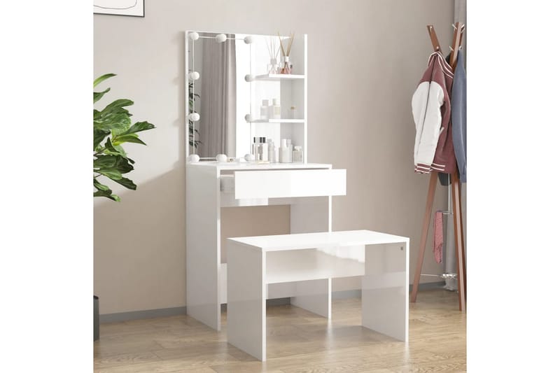 beBasic makeupbordssæt med LED-lys konstrueret træ hvid højglans - Hvid - Møbler - Borde - Sminkebord & konsolbord