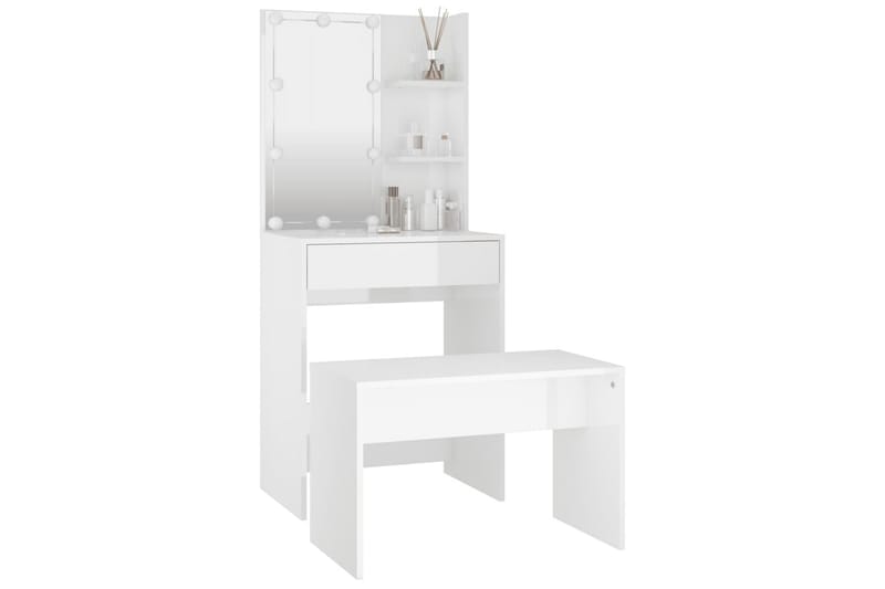 beBasic makeupbordssæt med LED-lys konstrueret træ hvid højglans - Hvid - Møbler - Borde - Sminkebord & konsolbord