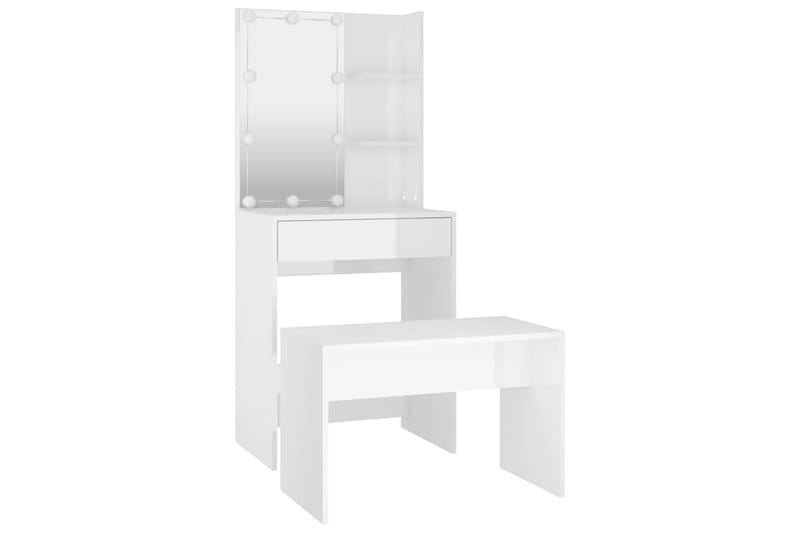 beBasic makeupbordssæt med LED-lys konstrueret træ hvid højglans - Hvid - Møbler - Borde - Sminkebord & konsolbord