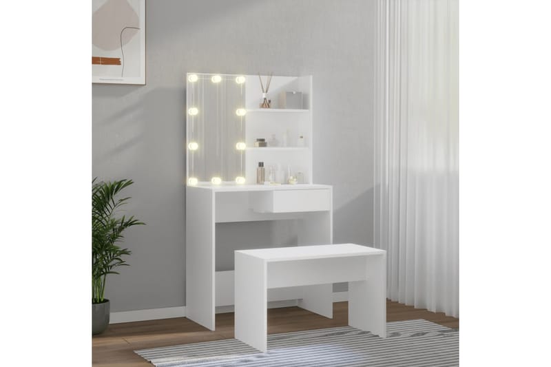 beBasic makeupbordssæt med LED-lys konstrueret træ hvid - Hvid - Møbler - Borde - Sminkebord & konsolbord