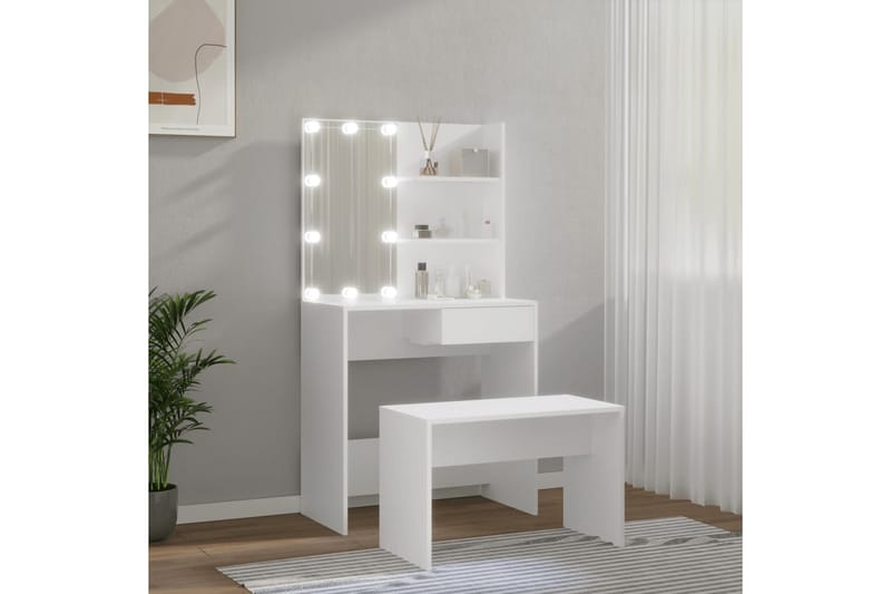 beBasic makeupbordssæt med LED-lys konstrueret træ hvid - Hvid - Møbler - Borde - Sminkebord & konsolbord