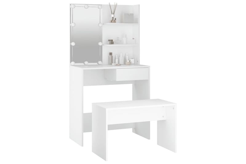 beBasic makeupbordssæt med LED-lys konstrueret træ hvid - Hvid - Møbler - Borde - Sminkebord & konsolbord