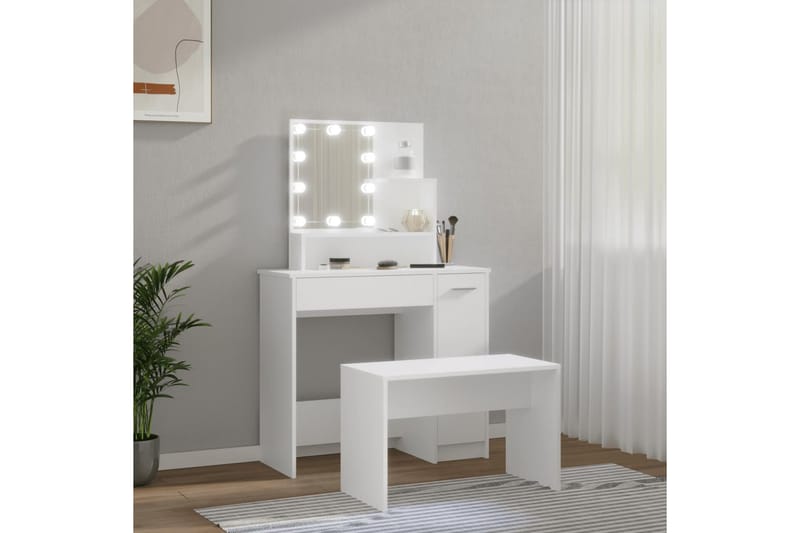 beBasic makeupbordssæt med LED-lys konstrueret træ hvid - Hvid - Sminkebord & konsolbord