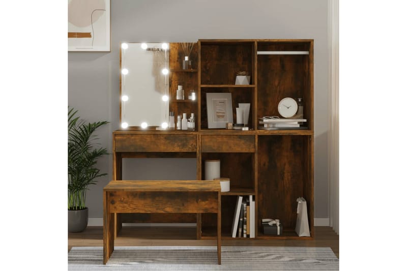beBasic makeupbordssæt med LED-lys konstrueret træ røget egetræsfarve - Brun - Møbler - Borde - Sminkebord & konsolbord
