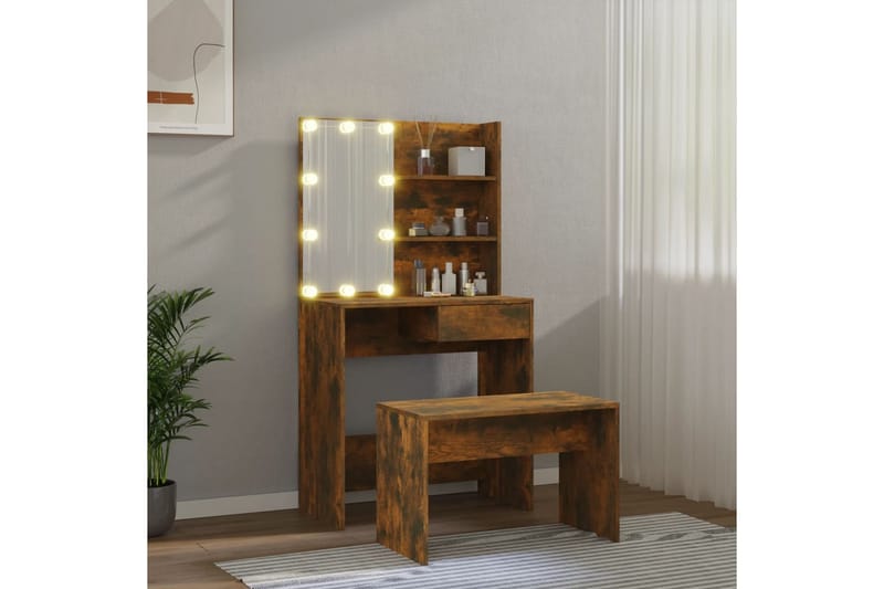 beBasic makeupbordssæt med LED-lys konstrueret træ røget egetræsfarve - Brun - Møbler - Borde - Sminkebord & konsolbord