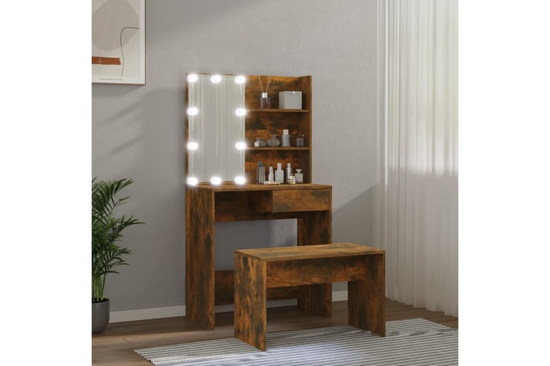 beBasic makeupbordssæt med LED-lys konstrueret træ røget egetræsfarve - Brun - Møbler - Borde - Sminkebord & konsolbord
