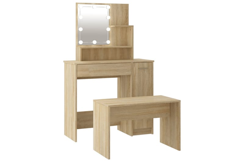 beBasic makeupbordssæt med LED-lys konstrueret træ sonoma-eg - Brun - Møbler - Borde - Sminkebord & konsolbord