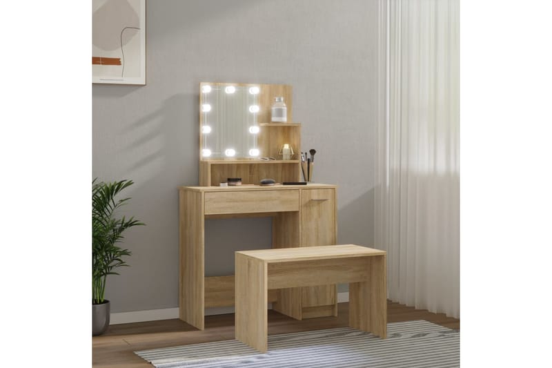 beBasic makeupbordssæt med LED-lys konstrueret træ sonoma-eg - Brun - Møbler - Borde - Sminkebord & konsolbord