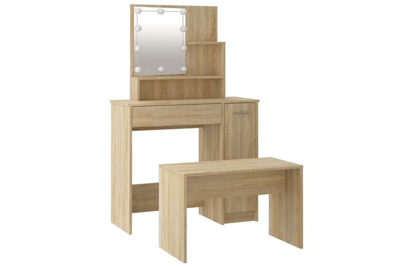 beBasic makeupbordssæt med LED-lys konstrueret træ sonoma-eg - Brun - Møbler - Borde - Sminkebord & konsolbord