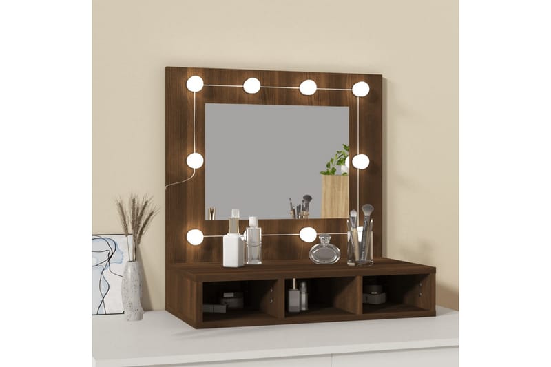 beBasic spejlskab med LED-lys 60x31,5x62 cm brun egetræsfarve - Brun - Møbler - Borde - Sminkebord & konsolbord