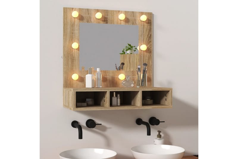 beBasic spejlskab med LED-lys 60x31,5x62 cm sonoma-eg - Brun - Møbler - Borde - Sminkebord & konsolbord