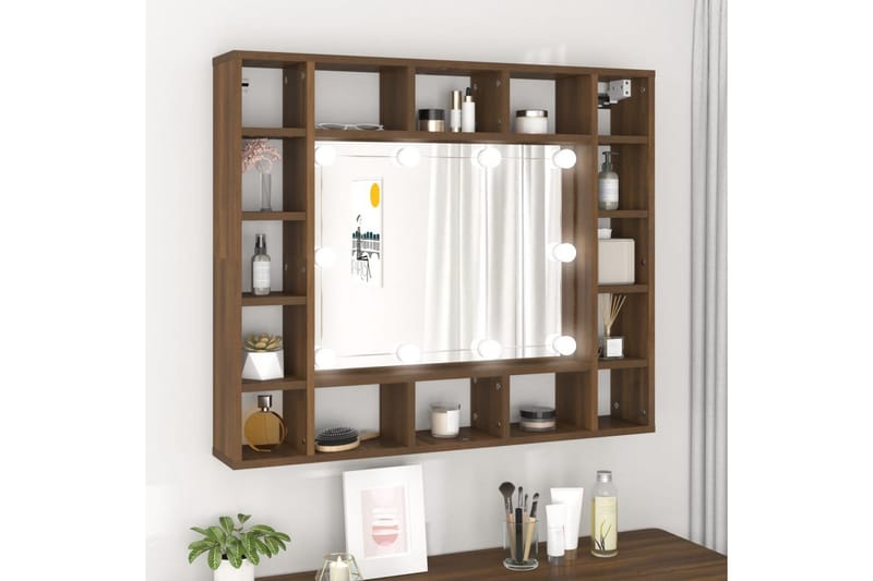 beBasic spejlskab med LED-lys 91x15x76,5 cm brun egetræsfarve - Brun - Møbler - Borde - Sminkebord & konsolbord