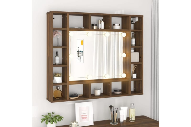 beBasic spejlskab med LED-lys 91x15x76,5 cm brun egetræsfarve - Brun - Møbler - Borde - Sminkebord & konsolbord