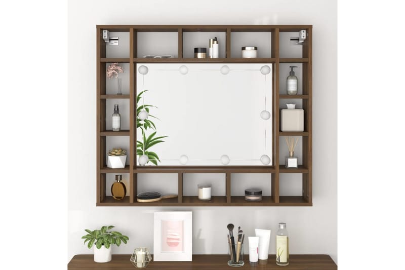 beBasic spejlskab med LED-lys 91x15x76,5 cm brun egetræsfarve - Brun - Møbler - Borde - Sminkebord & konsolbord