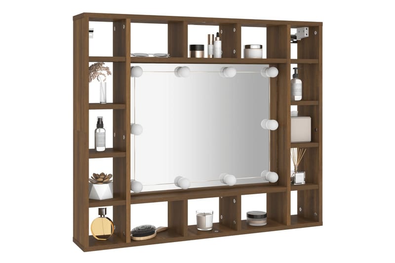 beBasic spejlskab med LED-lys 91x15x76,5 cm brun egetræsfarve - Brun - Møbler - Borde - Sminkebord & konsolbord
