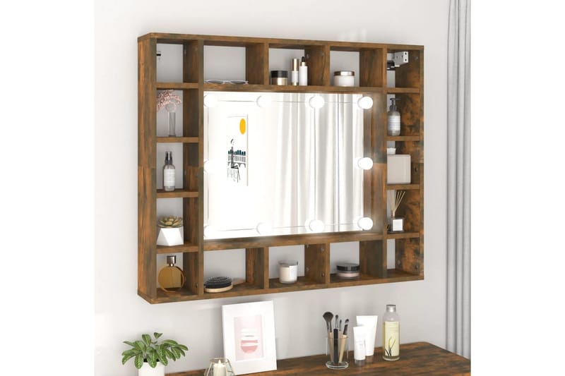 beBasic spejlskab med LED-lys 91x15x76,5 cm røget egetræsfarve - Brun - Møbler - Borde - Sminkebord & konsolbord