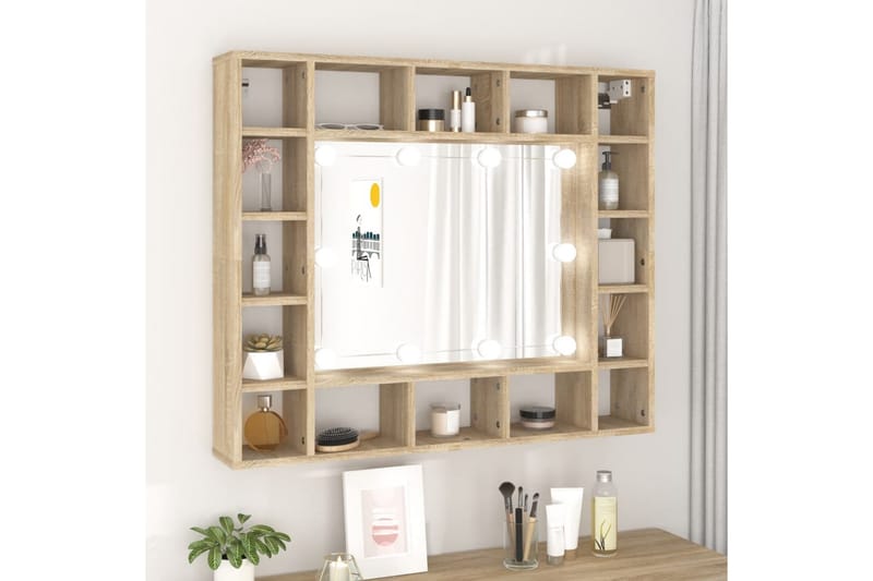beBasic spejlskab med LED-lys 91x15x76,5 cm sonoma-eg - Brun - Møbler - Borde - Sminkebord & konsolbord